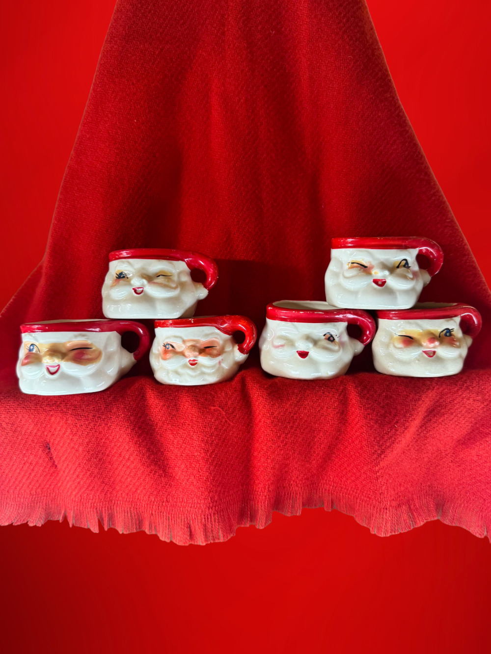 Vintage Holt Howard Winking Santa Mini Mugs Set of 6, Japan MCM Christmas